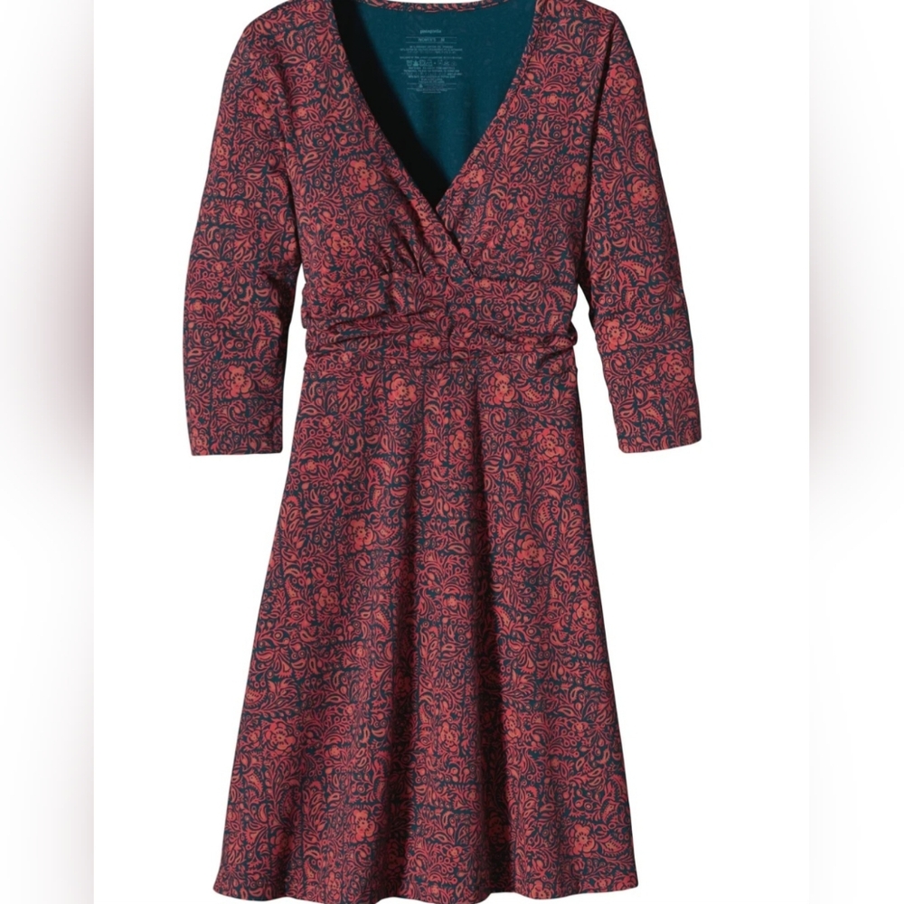 Patagonia Margot Floral V-Neck Faux Wrap Dress Coral Pink Navy 3/4 Sleeve Sz S